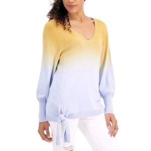 Women's Large NWT Blue Yellow Ombre Knit Long Sleeve V Neck Top L New